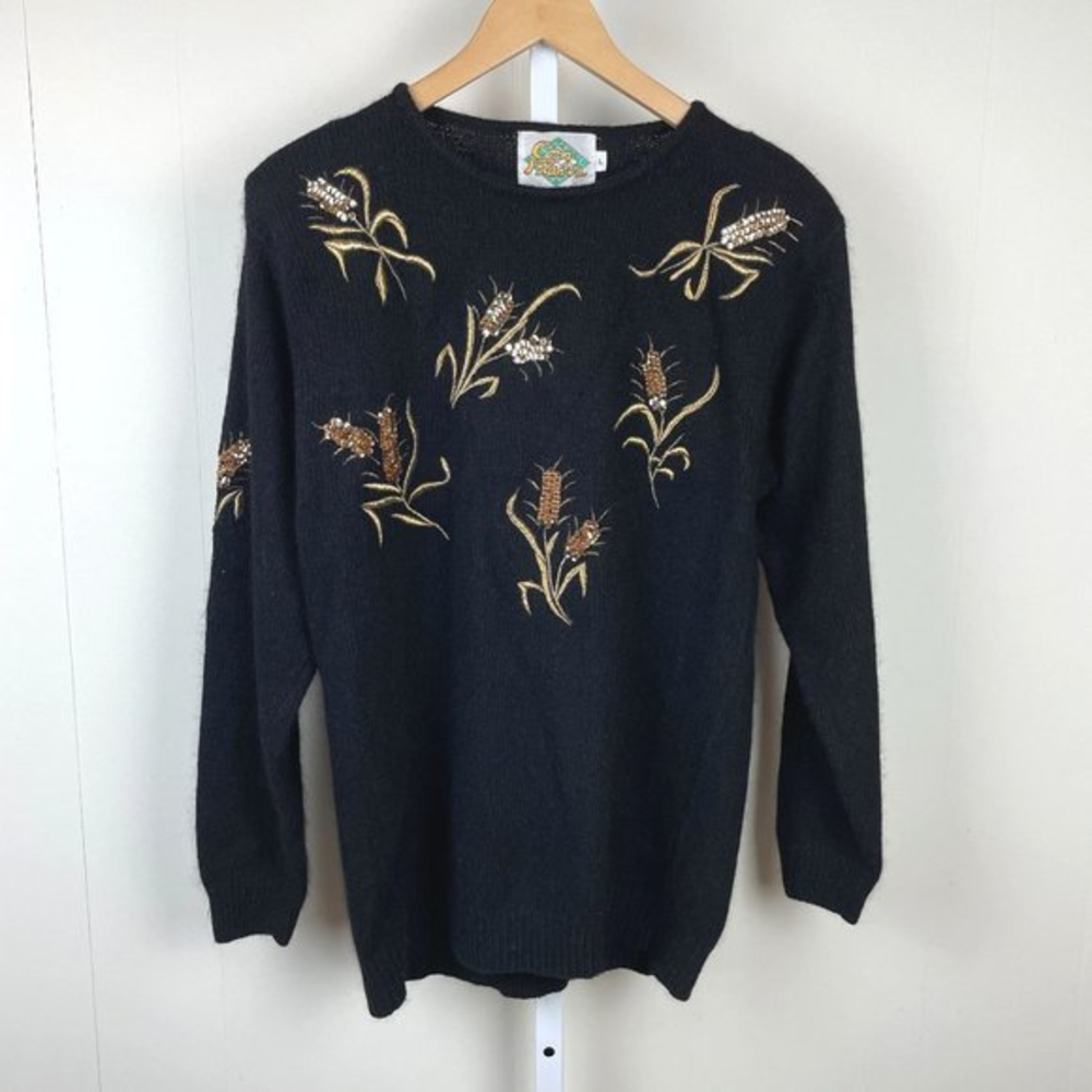 Corn Flakes Vintage Sweater Black Embroidered Sequin‎ Wheat Silk Angora Large